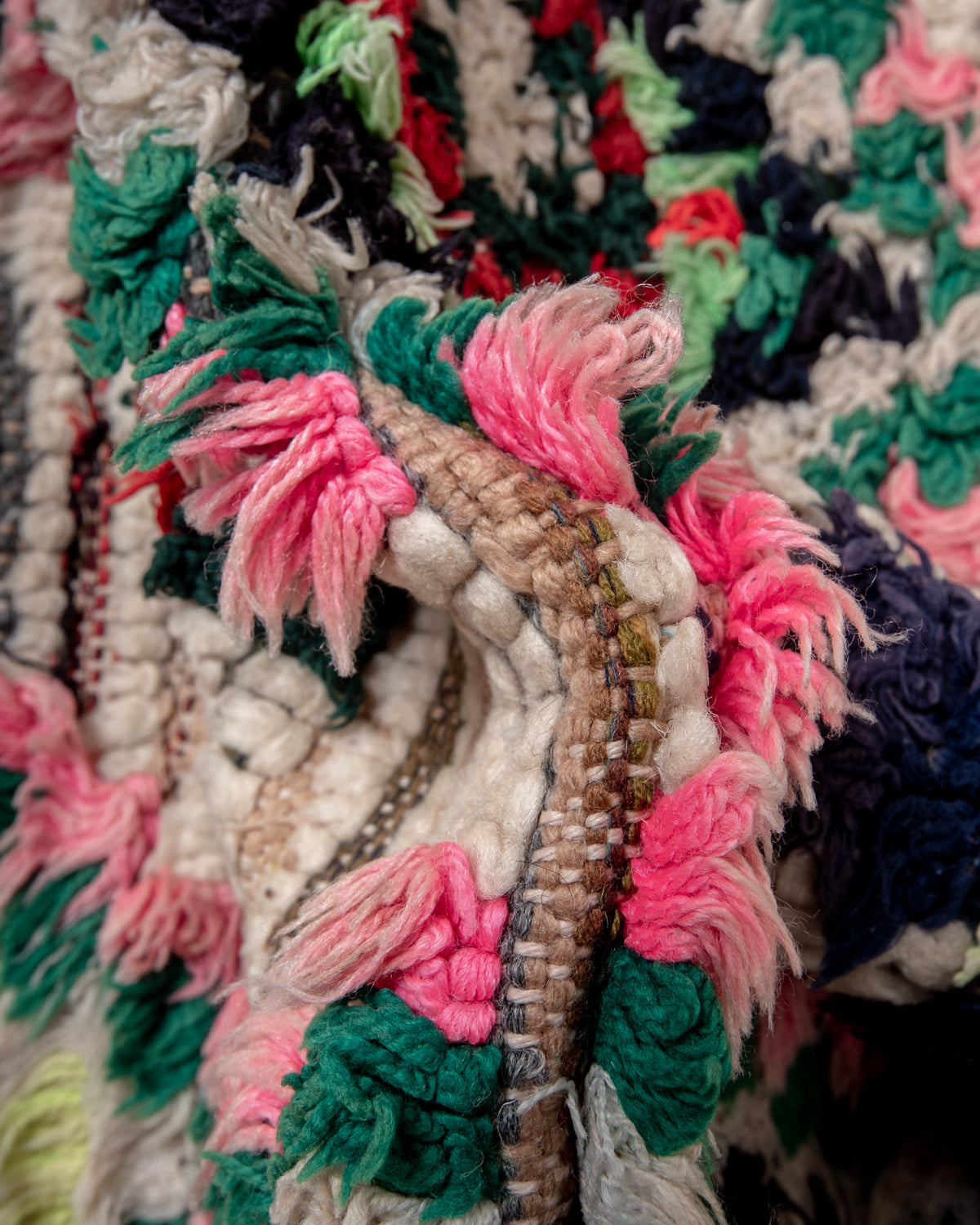 Modern designer vintage handcrafted Berber rug from Morocco. Boucherouite with beautiful colors and patterns.